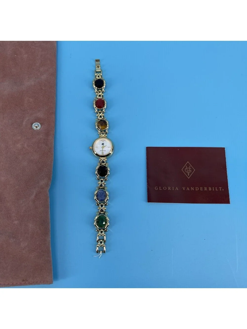 Gloria Vanderbilt Vintage Gold Tone Watch Multi-Color Stones New No Battery